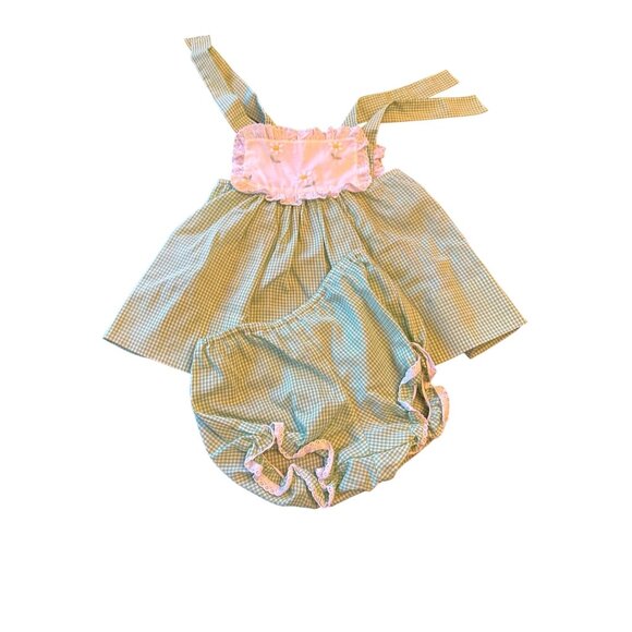 Bett Trell Johnston Baby Dress Set 9-12 Mo Green Gingham & Embroidered Daisies - Picture 1 of 5